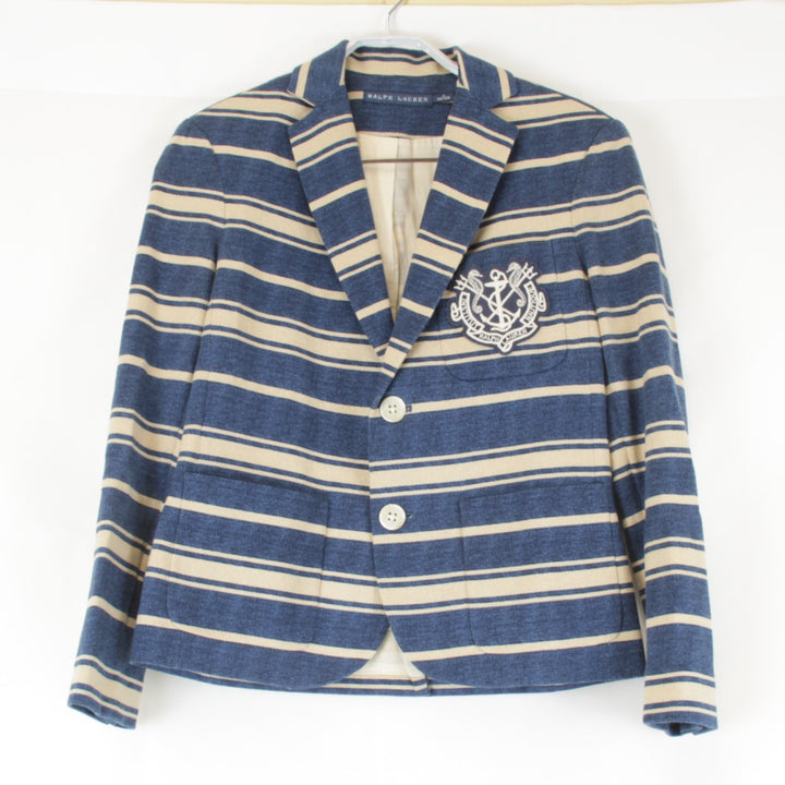 美品『USED』 
RALPH LAUREN ラルフローレン 
 ボーダージャケット XS テーラードジャケット 
コットン ブルー×ベージュ ベージュ地 マリンテイスト