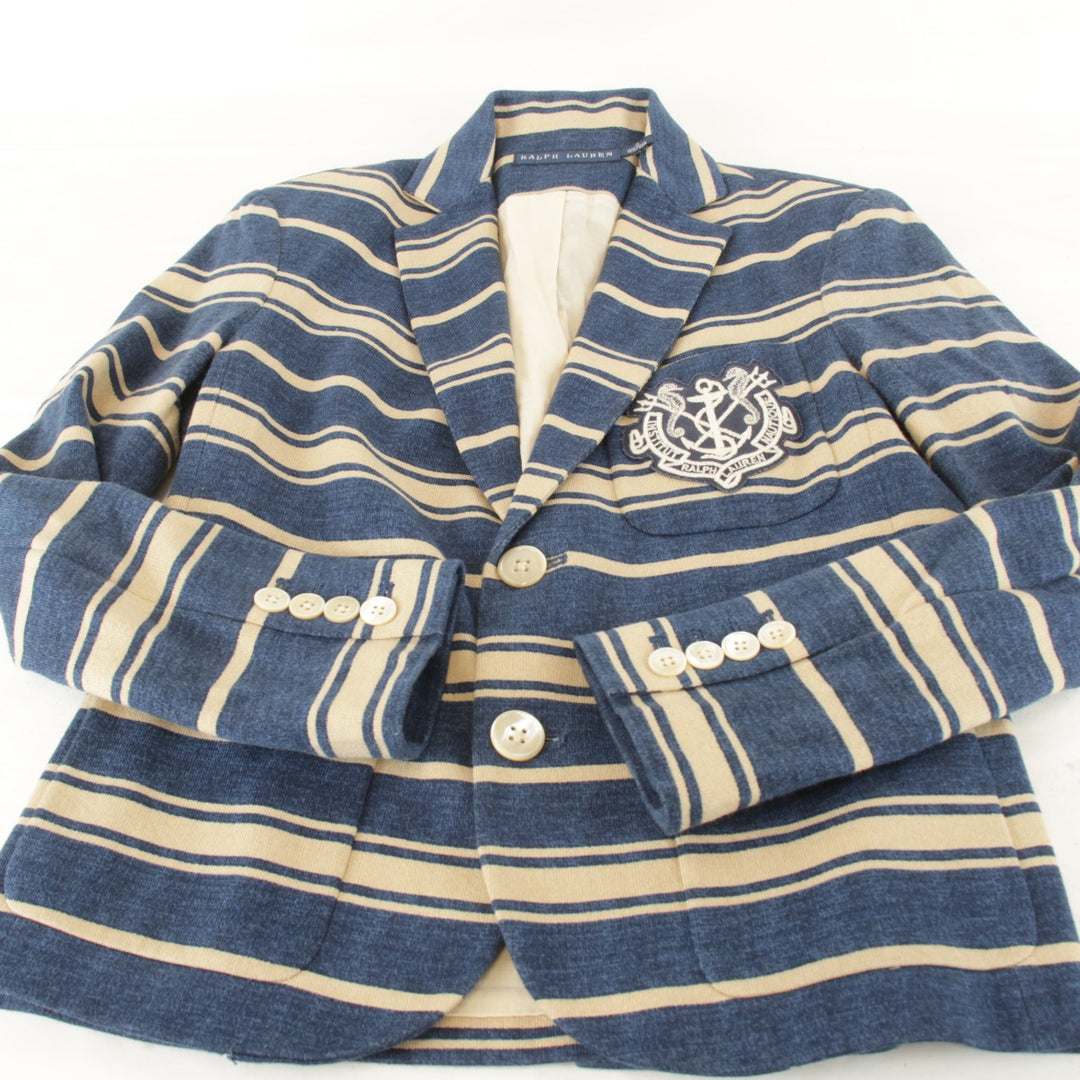 美品『USED』 
RALPH LAUREN ラルフローレン 
 ボーダージャケット XS テーラードジャケット 
コットン ブルー×ベージュ ベージュ地 マリンテイスト