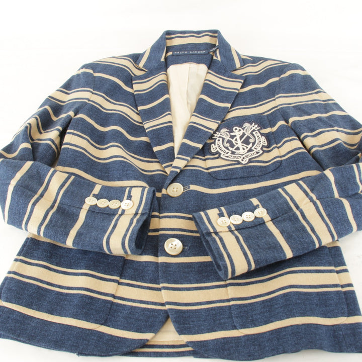 美品『USED』 
RALPH LAUREN ラルフローレン 
 ボーダージャケット XS テーラードジャケット 
コットン ブルー×ベージュ ベージュ地 マリンテイスト