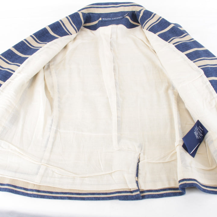 美品『USED』 
RALPH LAUREN ラルフローレン 
 ボーダージャケット XS テーラードジャケット 
コットン ブルー×ベージュ ベージュ地 マリンテイスト