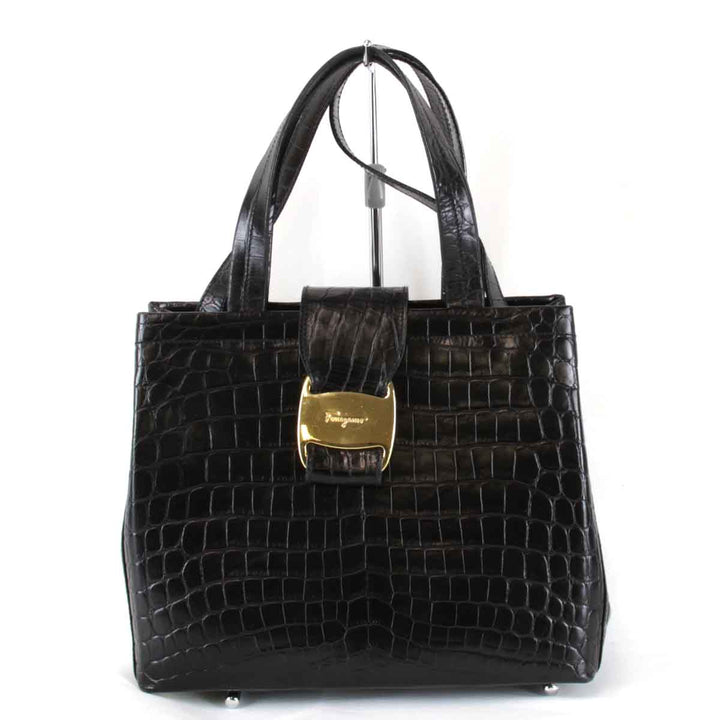 良品『USED』 
Salvatore Ferragamo フェラガモ 
 クロコ型押し ハンドバッグ 
レザー ブラック
