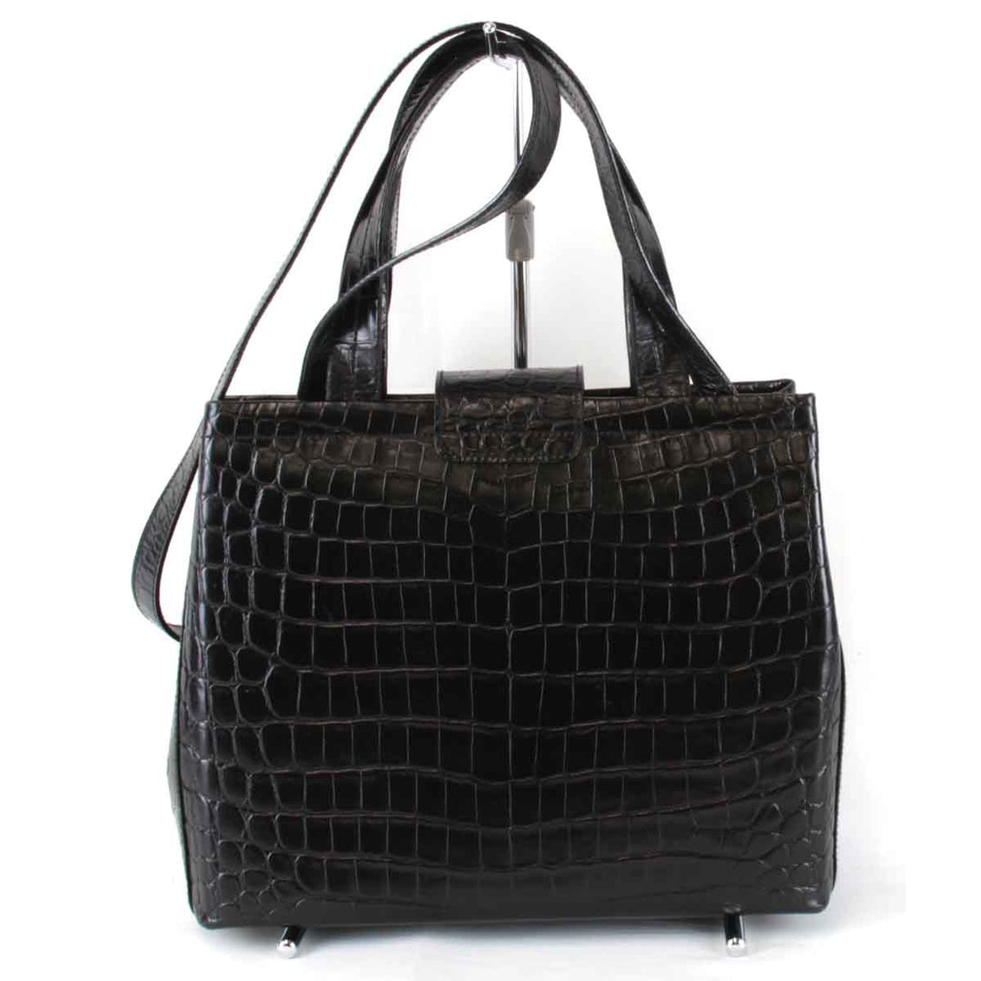 良品『USED』 
Salvatore Ferragamo フェラガモ 
 クロコ型押し ハンドバッグ 
レザー ブラック