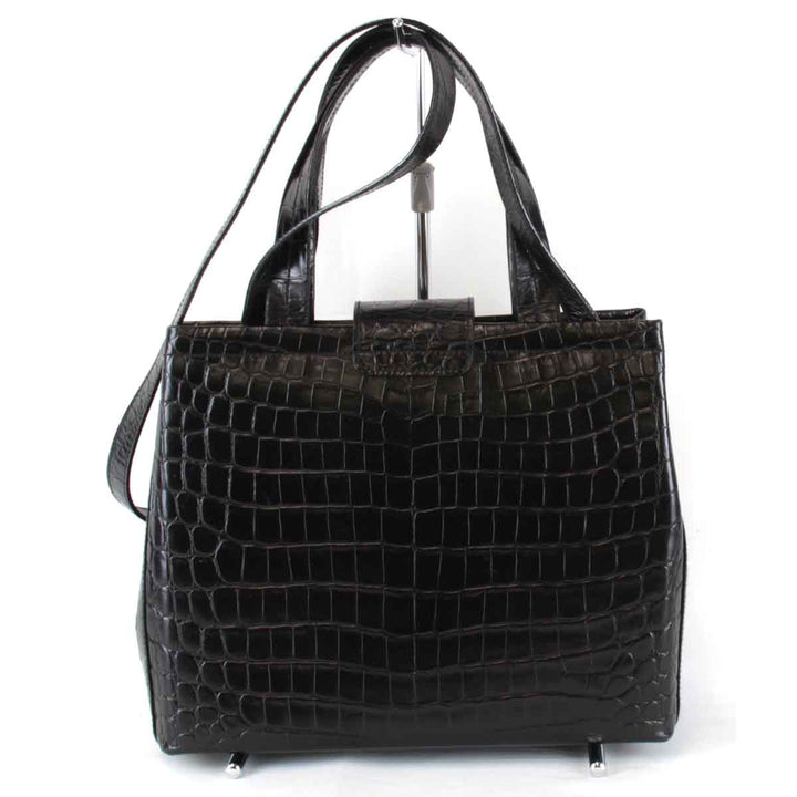 良品『USED』 
Salvatore Ferragamo フェラガモ 
 クロコ型押し ハンドバッグ 
レザー ブラック