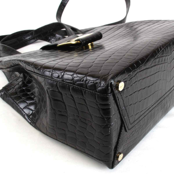 良品『USED』 
Salvatore Ferragamo フェラガモ 
 クロコ型押し ハンドバッグ 
レザー ブラック