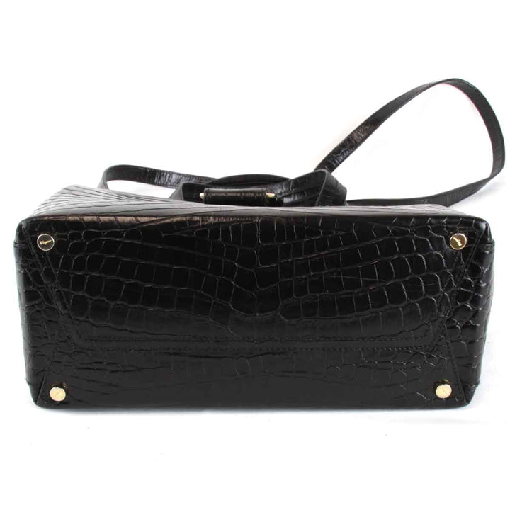 良品『USED』 
Salvatore Ferragamo フェラガモ 
 クロコ型押し ハンドバッグ 
レザー ブラック