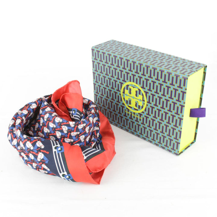 『USED』 
Tory Burch トリーバーチ 
 箱付 42141 スカーフ 
シルク/コットン  ネイビー×ブルー×レッド