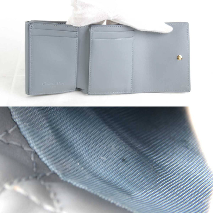 『USED』 
Christian Dior クリスチャンディオール 
 カナージュ ロータスウォレット 41-MA-0262 三つ折り財布 
ラムスキン ライトブルー