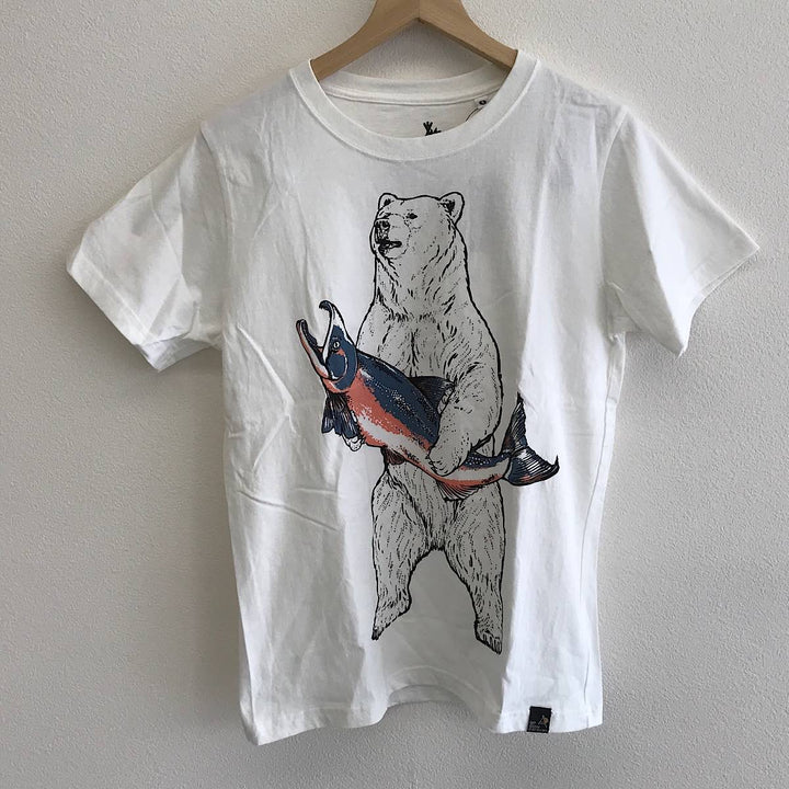 『USED』 
 
 go slow caravan ゴースローキャラバン 鮭クマ Tシャツ サイズ1 半袖Ｔシャツ 
コットン ホワイト系