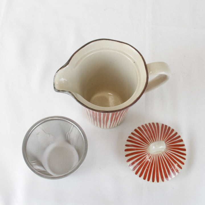 美品『USED』 
 
 十草模様 ティーポット 陶印あり 食器 
陶器 レッド