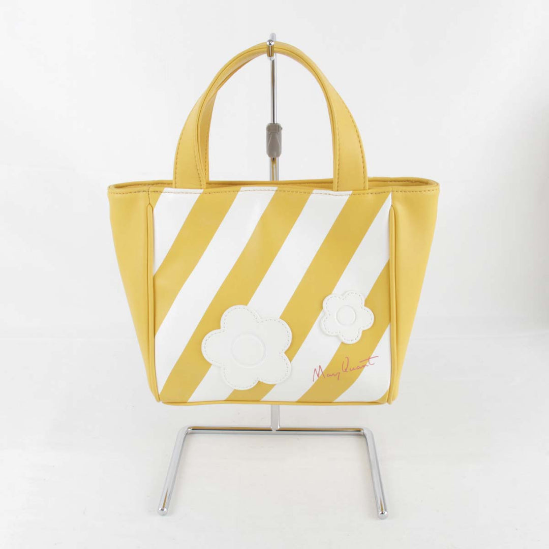 美品『USED』 
MARY QUANT マリークヮント 
 バイアスボーダー トートバッグ 
レザー イエロー
