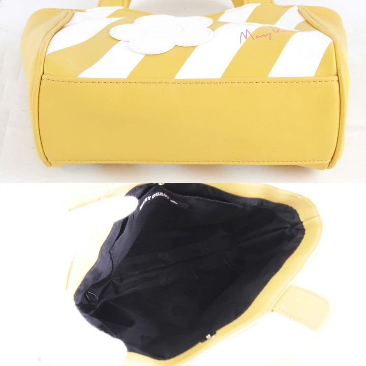 美品『USED』 
MARY QUANT マリークヮント 
 バイアスボーダー トートバッグ 
レザー イエロー