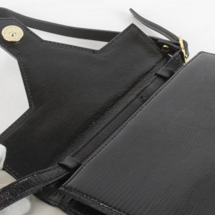 【価格改定】『USED』 
YVES SAINT LAURENT イヴ・サンローラン 
 リザード シンプル 光沢あり PVCレザー ショルダーバッグ 
レザー ブラック