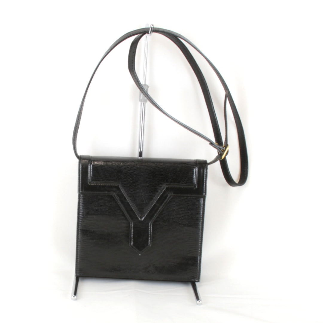 【価格改定】『USED』 
YVES SAINT LAURENT イヴ・サンローラン 
 リザード シンプル 光沢あり PVCレザー ショルダーバッグ 
レザー ブラック
