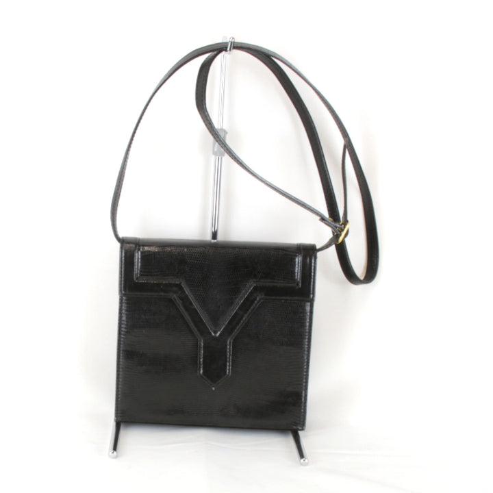 【価格改定】『USED』 
YVES SAINT LAURENT イヴ・サンローラン 
 リザード シンプル 光沢あり PVCレザー ショルダーバッグ 
レザー ブラック