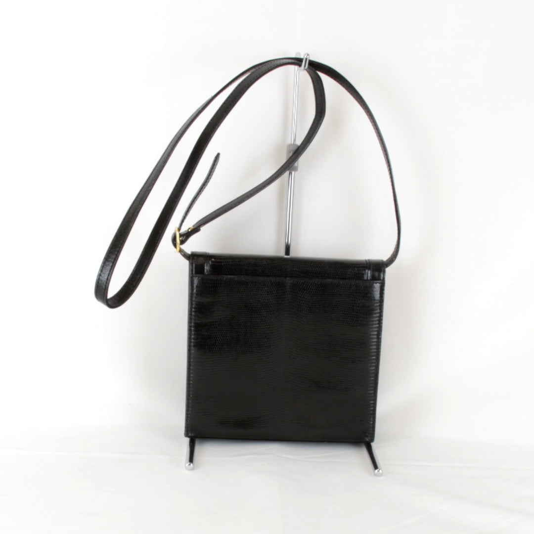 【価格改定】『USED』 
YVES SAINT LAURENT イヴ・サンローラン 
 リザード シンプル 光沢あり PVCレザー ショルダーバッグ 
レザー ブラック