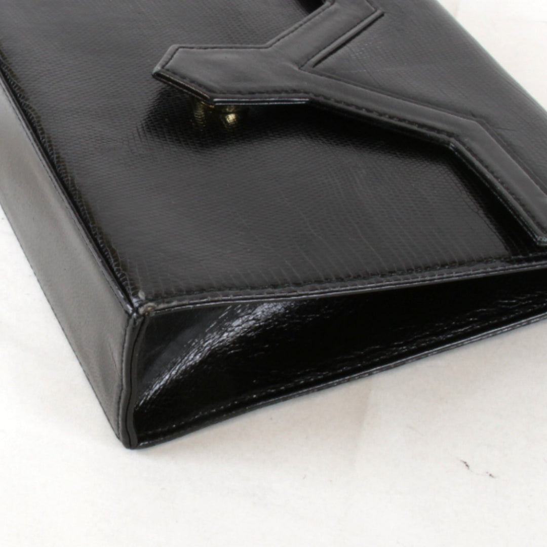 【価格改定】『USED』 
YVES SAINT LAURENT イヴ・サンローラン 
 リザード シンプル 光沢あり PVCレザー ショルダーバッグ 
レザー ブラック