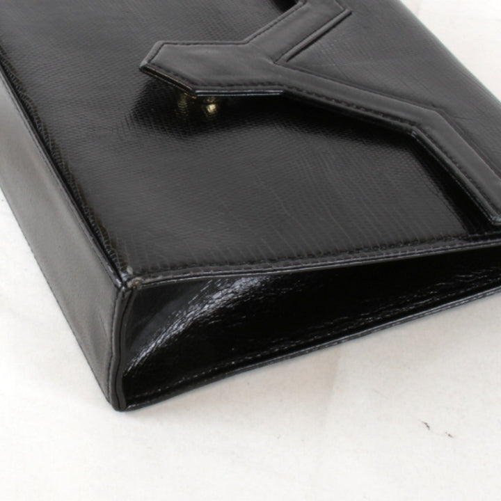 【価格改定】『USED』 
YVES SAINT LAURENT イヴ・サンローラン 
 リザード シンプル 光沢あり PVCレザー ショルダーバッグ 
レザー ブラック
