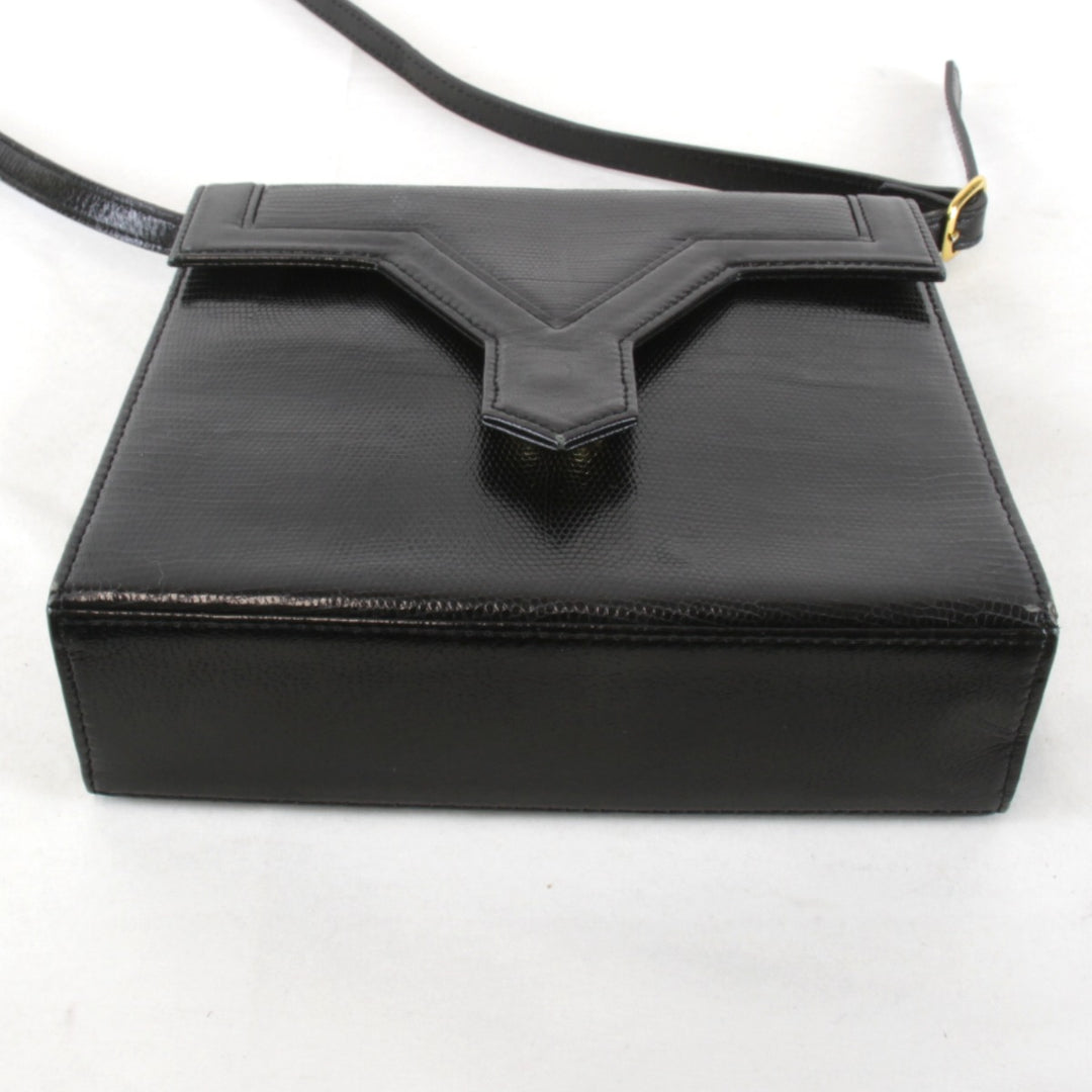 【価格改定】『USED』 
YVES SAINT LAURENT イヴ・サンローラン 
 リザード シンプル 光沢あり PVCレザー ショルダーバッグ 
レザー ブラック