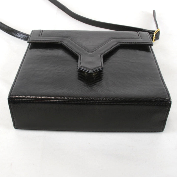 【価格改定】『USED』 
YVES SAINT LAURENT イヴ・サンローラン 
 リザード シンプル 光沢あり PVCレザー ショルダーバッグ 
レザー ブラック