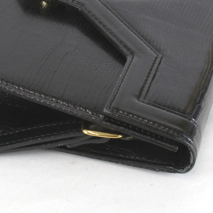【価格改定】『USED』 
YVES SAINT LAURENT イヴ・サンローラン 
 リザード シンプル 光沢あり PVCレザー ショルダーバッグ 
レザー ブラック