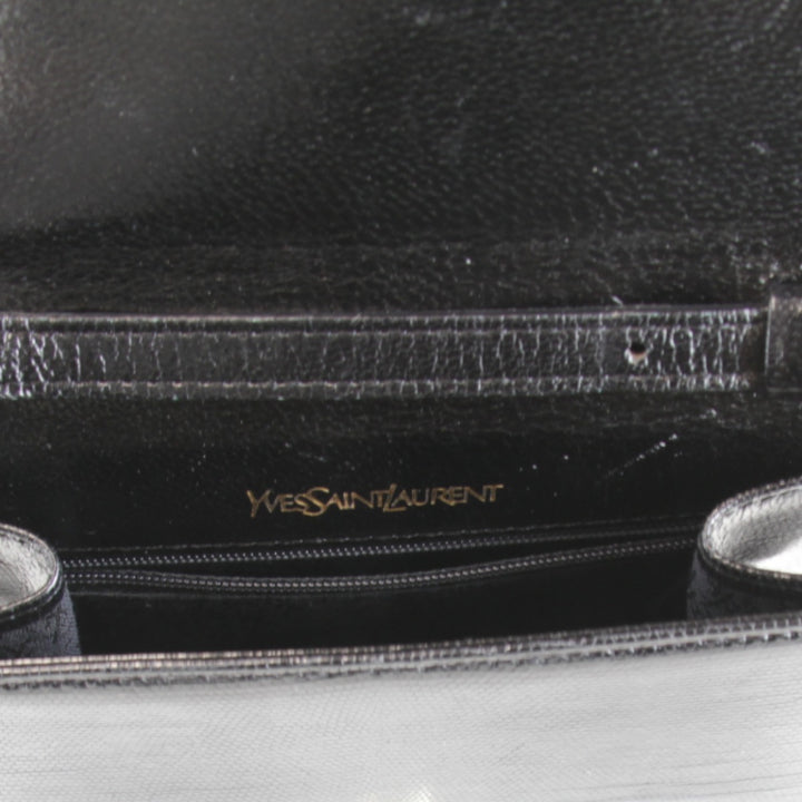 【価格改定】『USED』 
YVES SAINT LAURENT イヴ・サンローラン 
 リザード シンプル 光沢あり PVCレザー ショルダーバッグ 
レザー ブラック