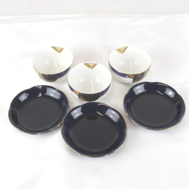 良品『USED』 
 
 カンサイ ファインチャイナ 湯呑み＆小皿3客セット 食器 
陶磁器 ネイビー×ホワイト 金縁　クールな色と柄