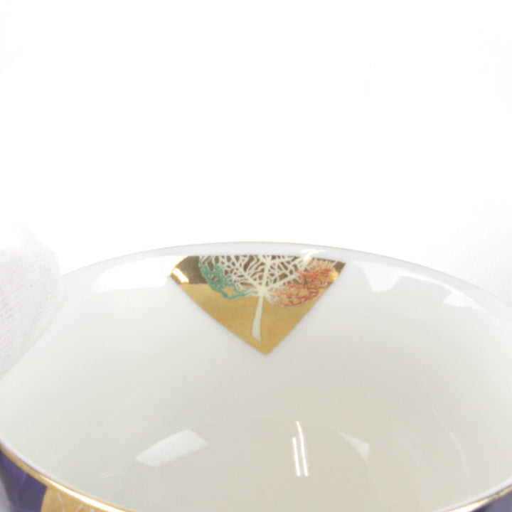 良品『USED』 
 
 カンサイ ファインチャイナ 湯呑み＆小皿3客セット 食器 
陶磁器 ネイビー×ホワイト 金縁　クールな色と柄