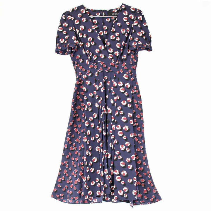 美品『USED』 
GUCCI グッチ 
 ビーチボール×ハートプリント ワンピース 
シルク ネイビー