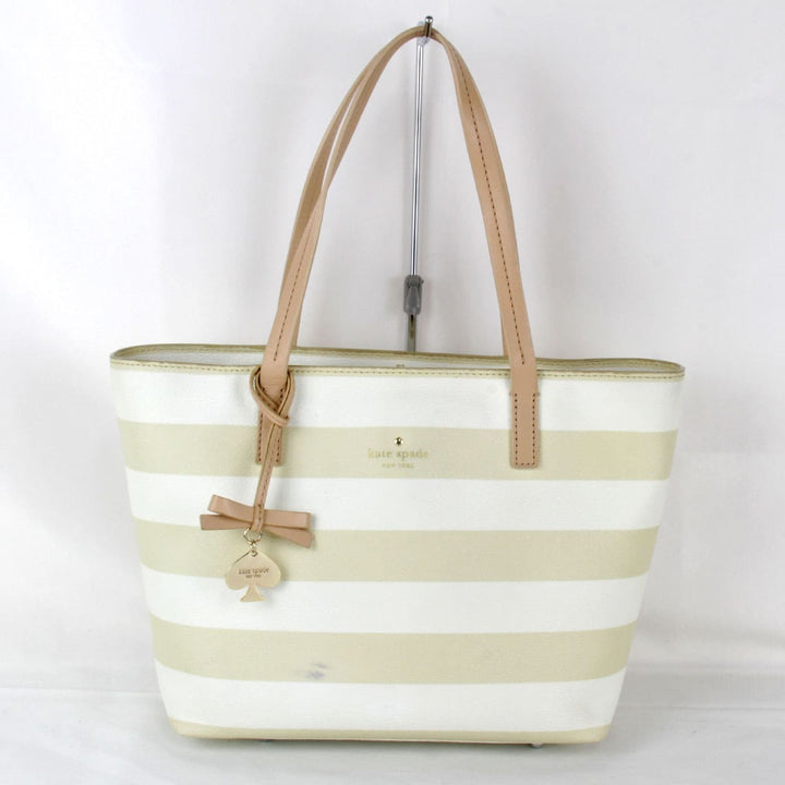 良品『USED』 
Kate Spade ケイトスペード 
 ボーダー トートバッグ 
PVCコーティングキャンバス ベージュ×ホワイト