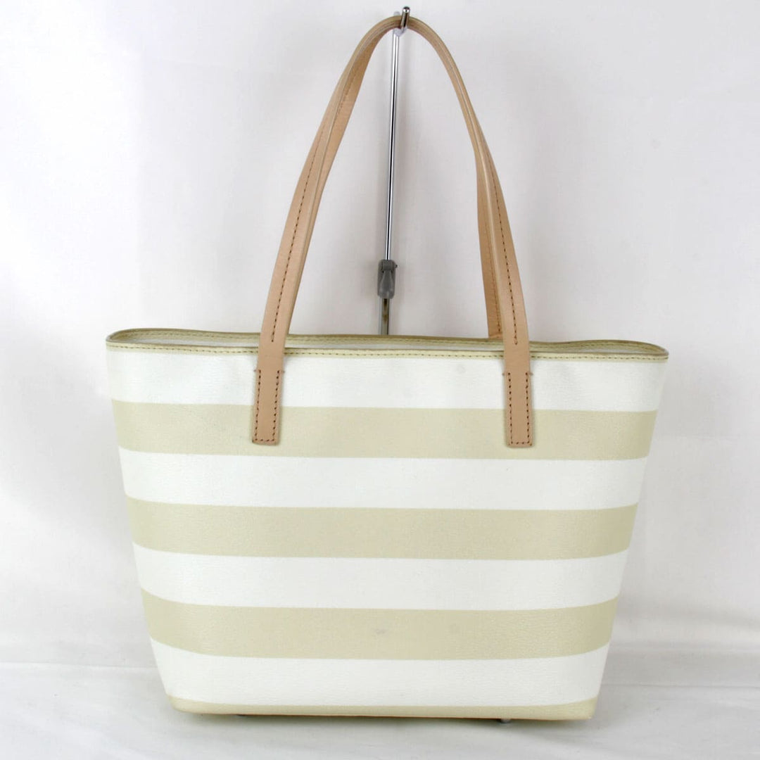 良品『USED』 
Kate Spade ケイトスペード 
 ボーダー トートバッグ 
PVCコーティングキャンバス ベージュ×ホワイト