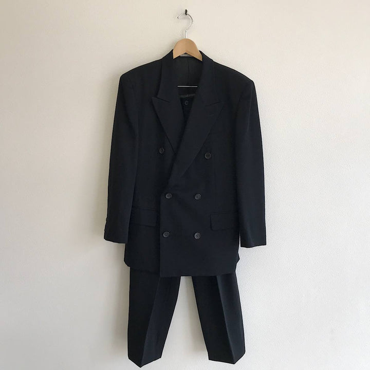 『USED』 
TOKIO KUMAGAI トキオクマガイ 
 80s セットアップ ダブルスーツ ヴィンテージ スーツ 
ウールギャバ ブラック