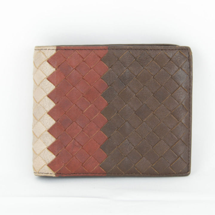 良品『USED』 
BOTTEGAVENETA ボッテガヴェネタ 
 イントレチャート 二つ折り財布 
レザー ブラウン/レッド/ベージュ