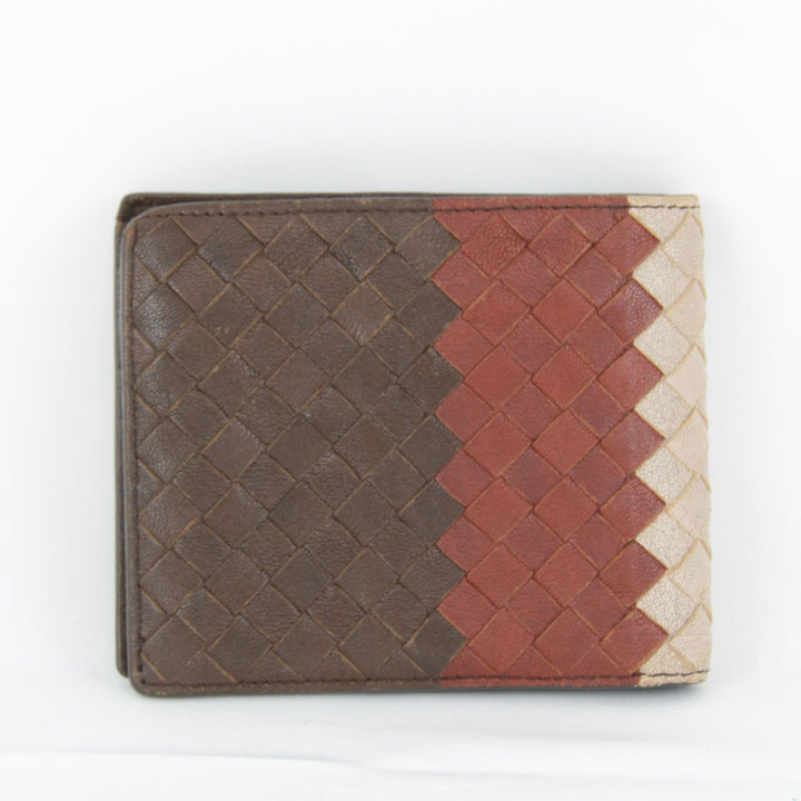 良品『USED』 
BOTTEGAVENETA ボッテガヴェネタ 
 イントレチャート 二つ折り財布 
レザー ブラウン/レッド/ベージュ