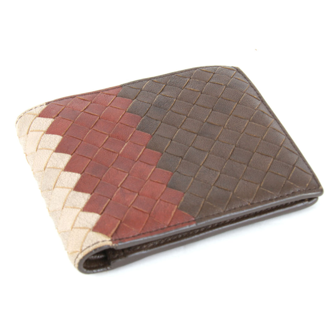 良品『USED』 
BOTTEGAVENETA ボッテガヴェネタ 
 イントレチャート 二つ折り財布 
レザー ブラウン/レッド/ベージュ
