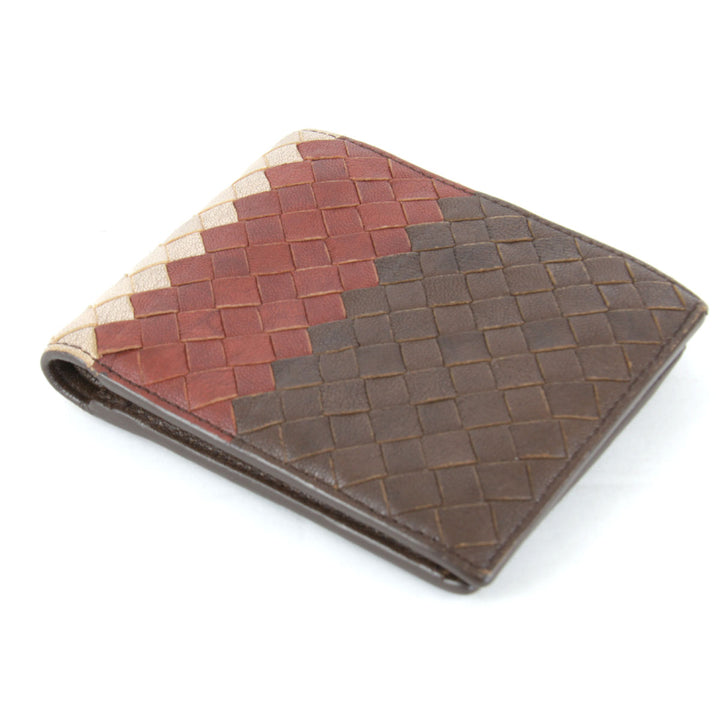 良品『USED』 
BOTTEGAVENETA ボッテガヴェネタ 
 イントレチャート 二つ折り財布 
レザー ブラウン/レッド/ベージュ