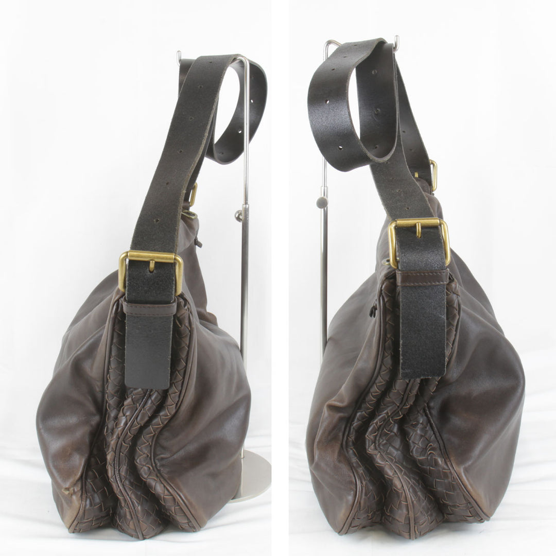 『USED』 
BOTTEGAVENETA ボッテガヴェネタ 
 イントレチャート ショルダーバッグ 
レザー ダークブラウン