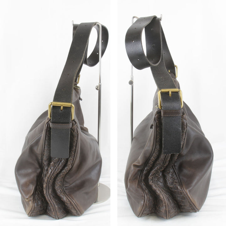 『USED』 
BOTTEGAVENETA ボッテガヴェネタ 
 イントレチャート ショルダーバッグ 
レザー ダークブラウン