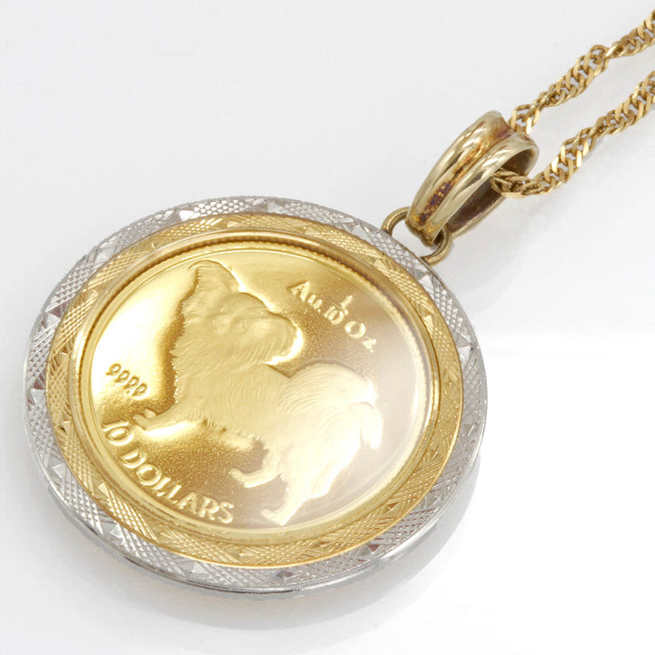 美品『USED』 K24/K18  /Pt900 
 クック諸島 1/10oz金貨 パピヨン ネックレス
 11.3g 犬 1994