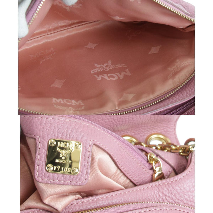 『USED』 
MCM エム・シー・エム 
 スタッズ チェーン ショルダーバッグ 
レザー ピンク