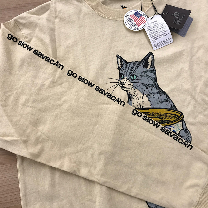 『未使用品』 
 
 go slow caravan ゴースローキャラバン サバ缶ネコ ロングスリーブTEE 長袖Ｔシャツ 
コットン ベージュ系