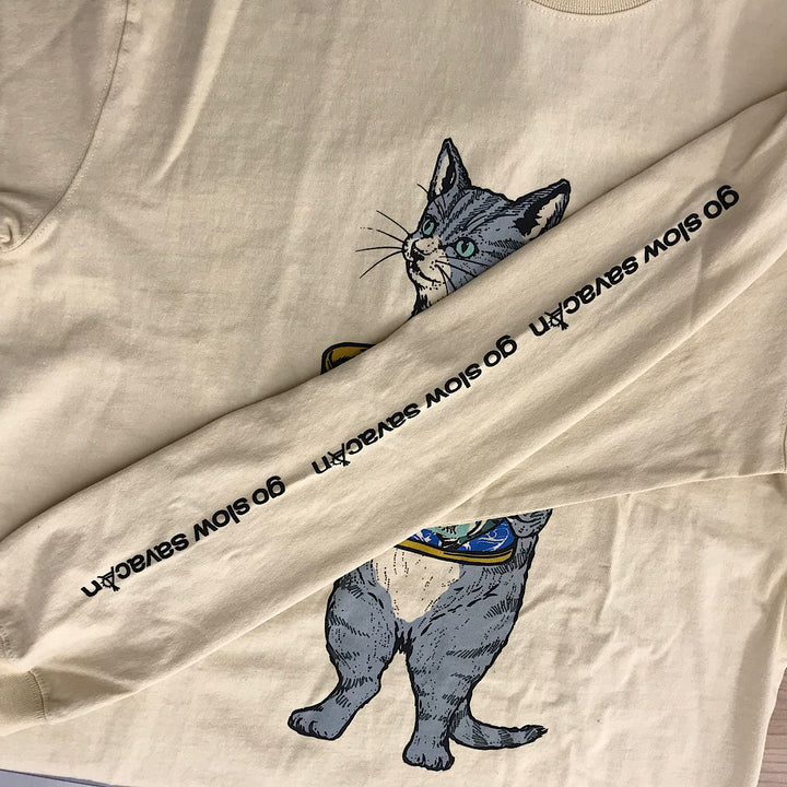 『未使用品』 
 
 go slow caravan ゴースローキャラバン サバ缶ネコ ロングスリーブTEE 長袖Ｔシャツ 
コットン ベージュ系