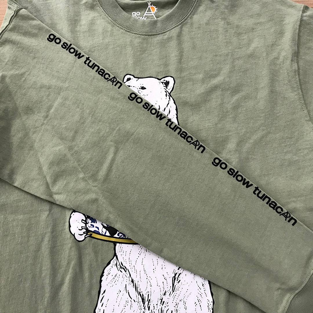 『未使用品』 
 
 go slow caravan ゴースローキャラバン ツナ缶クマ ロングスリーブTEE  長袖シャツ 
コットン グリーン系